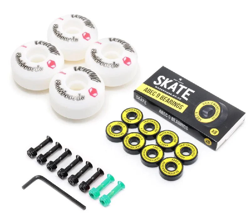 Venom Skateboards Logo White Skateboard Wheels & Skatewarehouse ABEC 9 Bearings Pack + Bolts!