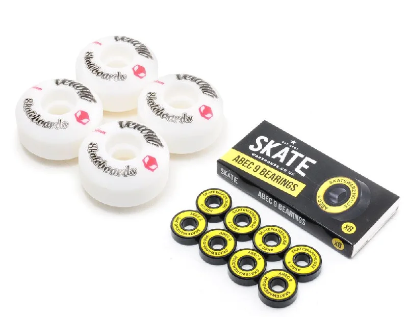 Venom Skateboards Logo White Skateboard Wheels & Skatewarehouse ABEC 9 Bearings Pack