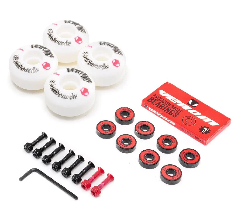 Venom Skateboards Logo White Skateboard Wheels & Venom ABEC 9 Bearings Pack + Bolts!