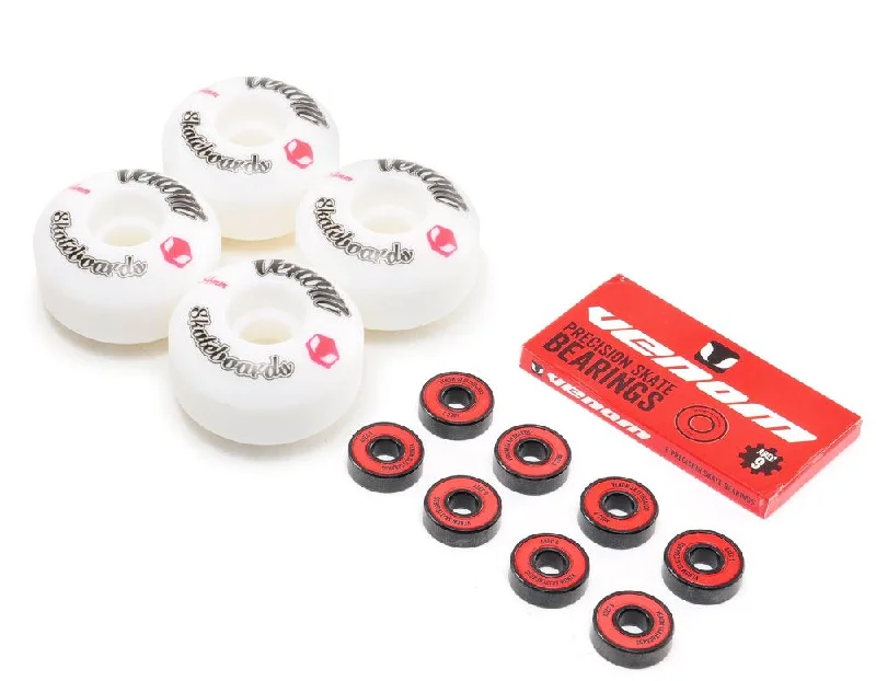 Venom Skateboards Logo White Skateboard Wheels & Venom ABEC 9 Bearings Pack